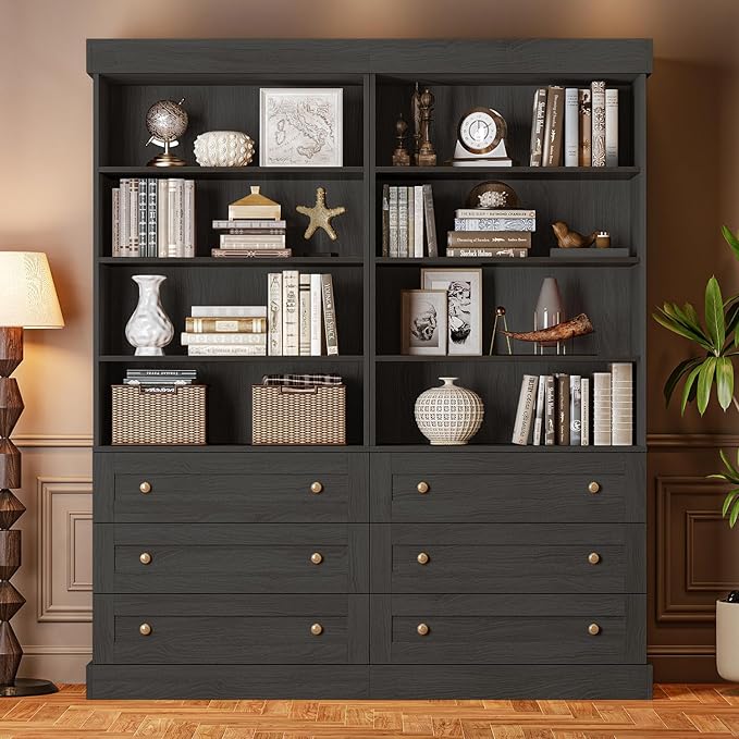 ivaniti 71" Tall Farmhouse Kitchen Pantry, Large Storage Cabinet with Adjustable Shelves, 3 Drawer, Wood Versatile Hutch Cabinet for Dining Room, Living Room, Black 2 PCS