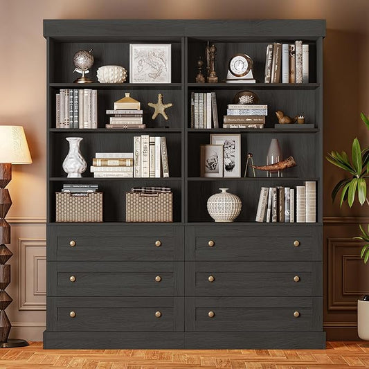 ivaniti 71" Tall Farmhouse Kitchen Pantry, Large Storage Cabinet with Adjustable Shelves, 3 Drawer, Wood Versatile Hutch Cabinet for Dining Room, Living Room, Black 2 PCS