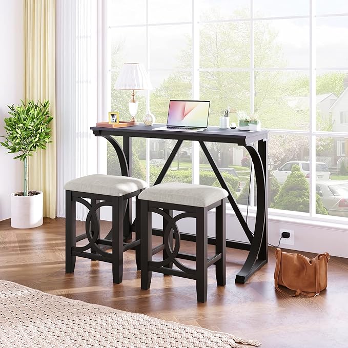 Rustic Dining Table Set, Farmhouse 3-Piece Counter Height Dining Table Set with USB Port and Upholstered Stools for Small Places (Espresso/Farmhouse-A)