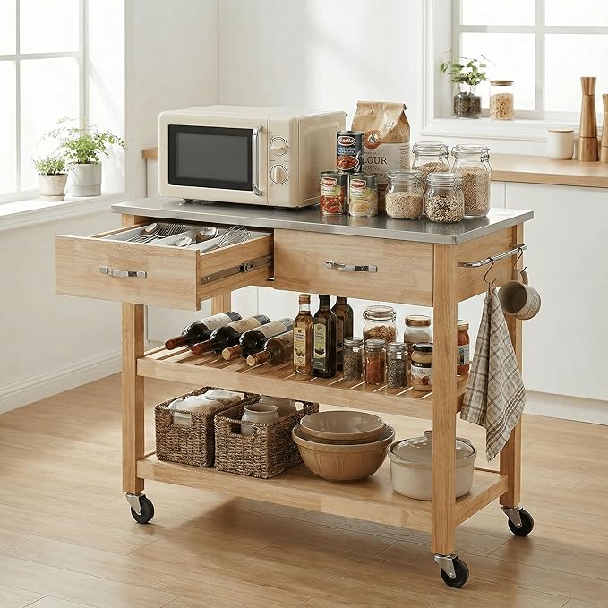 Casaphoria Amanda Collection Solid Wood Kitchen Island, 42" Butcher Block Cart with Stainless Steel Top & Locable Wheels, Prep Table for Small Spaces (Natural)