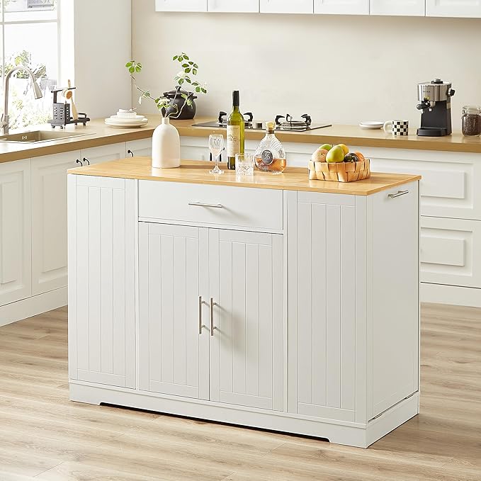 53 inch Large Kitchen Island Cart with Trash Can Storage Cabinet,Drawer and Adjustable Shelves,Breakfast Bar Cabinet for 13 Gallon Garbage Bin (White+Oak@w)