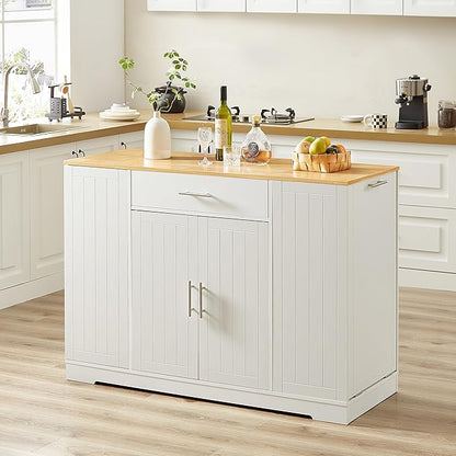 53 inch Large Kitchen Island Cart with Trash Can Storage Cabinet,Drawer and Adjustable Shelves,Breakfast Bar Cabinet for 13 Gallon Garbage Bin (White+Oak@w)