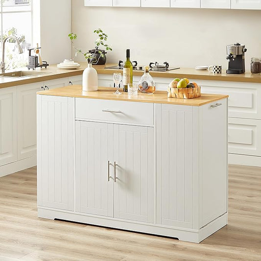 53 inch Large Kitchen Island Cart with Trash Can Storage Cabinet,Drawer and Adjustable Shelves,Breakfast Bar Cabinet for 13 Gallon Garbage Bin (White+Oak@w)