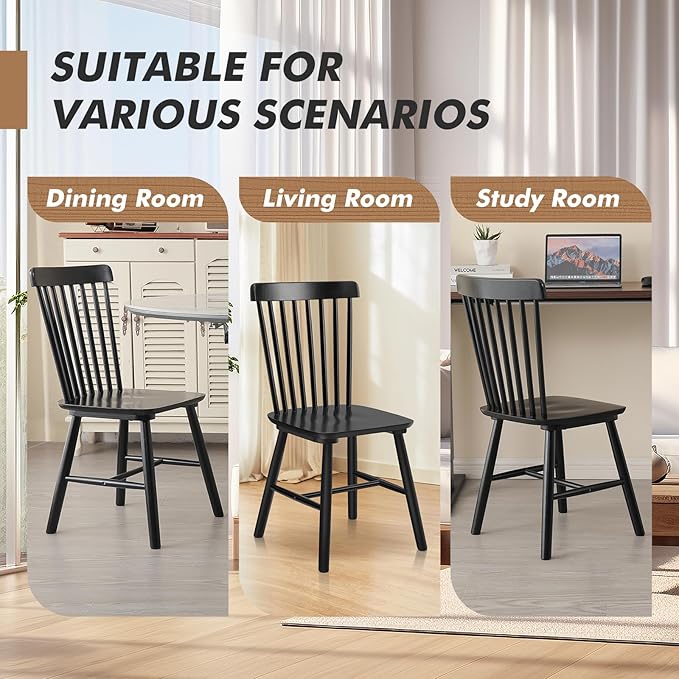 ClinQ Windsor Dining Chair Set of 4, Spindle Back Wooden Chairs for Kitchen and Dining Room, Farmhouse Country Wooden Dining Chairs for Dining Living Room, Farmhouse Restaurant, Black