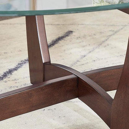 48" Oval Coffee Tables, Modern Center Table with Tempered Glass Tabletop Cross and Solid Wood Base, Small Space Coffee Table for Living Room Cherry