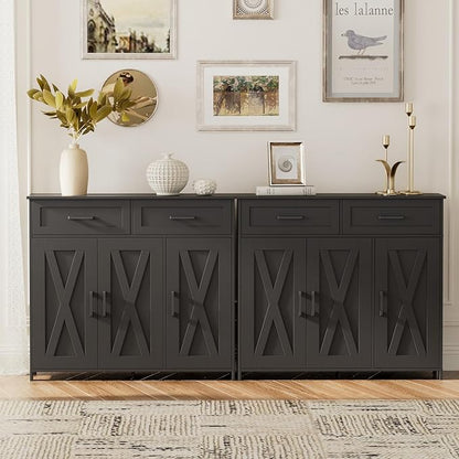 Homhedy Sideboard Buffet Cabinet, Coffee Bar Storage Cabinet with Drawers and Doors, Farmhouse Kitchen Cabinet with Adjustable Shelves, for Kitchen, Dining Room, Living Room, Black