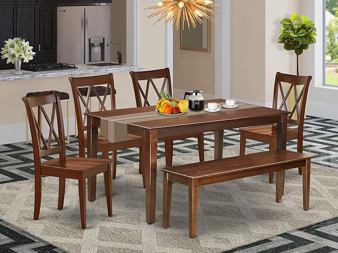 East West Furniture CACL6-MAH-W 6 Piece Dining Set Contains a Rectangle Solid Wood Table and 4 Kitchen Chairs with a Bench, 36x60 Inch, Mahogany