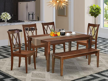 East West Furniture CACL6-MAH-W 6 Piece Dining Set Contains a Rectangle Solid Wood Table and 4 Kitchen Chairs with a Bench, 36x60 Inch, Mahogany