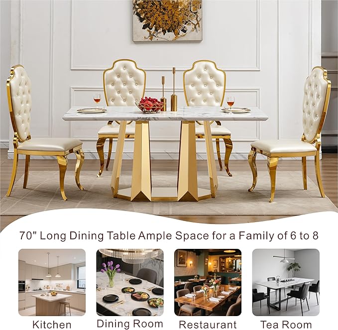 70" Marble Dining Table for 6-8, Modern Luxury Gold Rectangular Large Kitchen Table, Marble Grain MDF Tabletop & Stainless Steel Base, Dinner Furniture for Kitchen Dining Room, Meeting Room, White