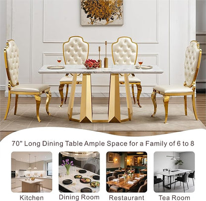 70" Marble Dining Table for 6-8, Modern Luxury Gold Rectangular Large Kitchen Table, Marble Grain MDF Tabletop & Stainless Steel Base, Dinner Furniture for Kitchen Dining Room, Meeting Room, White