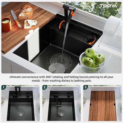 TORVA RV Kitchen Sink, 16 x 21 x 9 Inch Undermount Bar Sink 16 Gauge Stainless Steel Single Bowl Sink with Faucet Cutting Board, Dark Grey