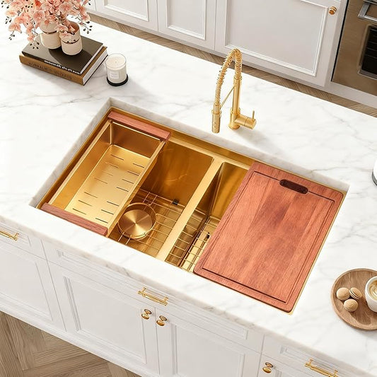 31 Inch Gold Sink Undermount Double Bowl, 16 Gauge 50/50 Double Bowl Stainless Steel Workstation Sink, 31"x18"x9" Large and Deep Kitchen Sink With Accessories