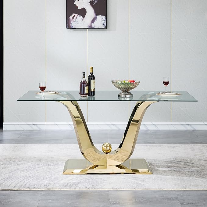 70" Glass Dining Table for 6-8, Modern Dining Room Table with 0.39" Tempered Glass Top and Dual U-Shaped Gold Stainless Steel Base, Rectangle Kitchen Dinner Table for Dining Room