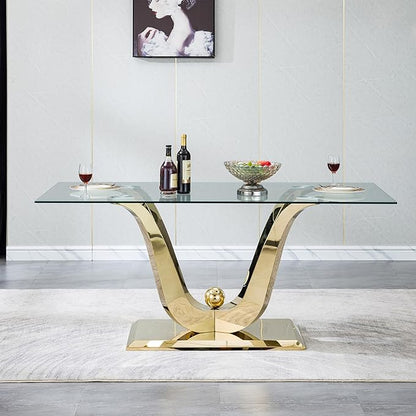 70" Glass Dining Table for 6-8, Modern Dining Room Table with 0.39" Tempered Glass Top and Dual U-Shaped Gold Stainless Steel Base, Rectangle Kitchen Dinner Table for Dining Room