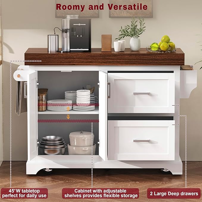 53.25" Large Kitchen Island with Storage on Wheels and 2 Extra-large Drawers, Rolling kitchen Island with Spice Rack and Towel Rack, Mobile Dining Table with 3.5" Thick Desktop and Cabinet White