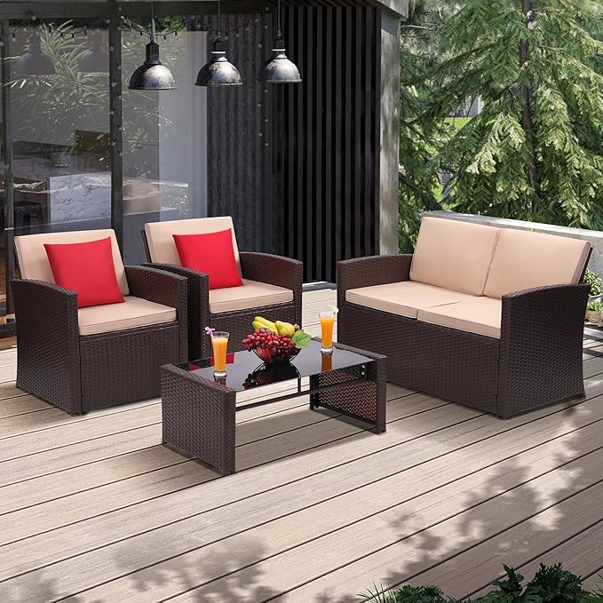 KROFEM 4-Piece Patio Furniture Set, Wicker Outdoor Rattan Sectional Sofa with Cushions and Glass Table, All-Weather Outdoor Conversation Set, Ideal for Garden, Porch, Backyard, Beige