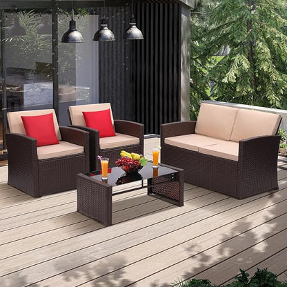 KROFEM 4-Piece Patio Furniture Set, Wicker Outdoor Rattan Sectional Sofa with Cushions and Glass Table, All-Weather Outdoor Conversation Set, Ideal for Garden, Porch, Backyard, Beige