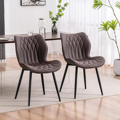 Kidol & Shellder Dining Chairs Set of 2, PU Leather Upholstered Kitchen Chairs with Back Armless, Mid Century Modern Side Chair for Dining Room, Living Room, Lounge, Restaurant, Brown