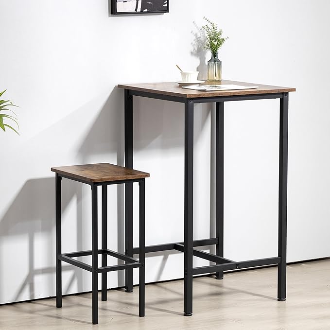 Finnhomy Bar Table, 23.6" Pub High Top, Square Bar Height, Counter Height Cocktail, Small Kitchen Set for 2, Breakfast for Kitchen, Living Room, Rustic Brown