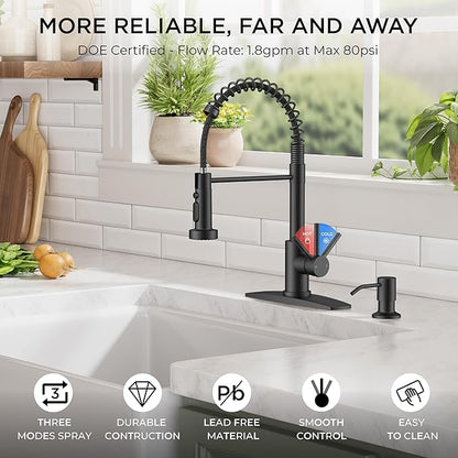 FORIOUS Kitchen Faucet with Soap Dispenser, Black Stainless Steel Sink Faucet with Sprayer Single Handle, Commercial Modern Spring Faucet for Kitchen Sink, Bar & Prep Sink, Laundry RV Camper