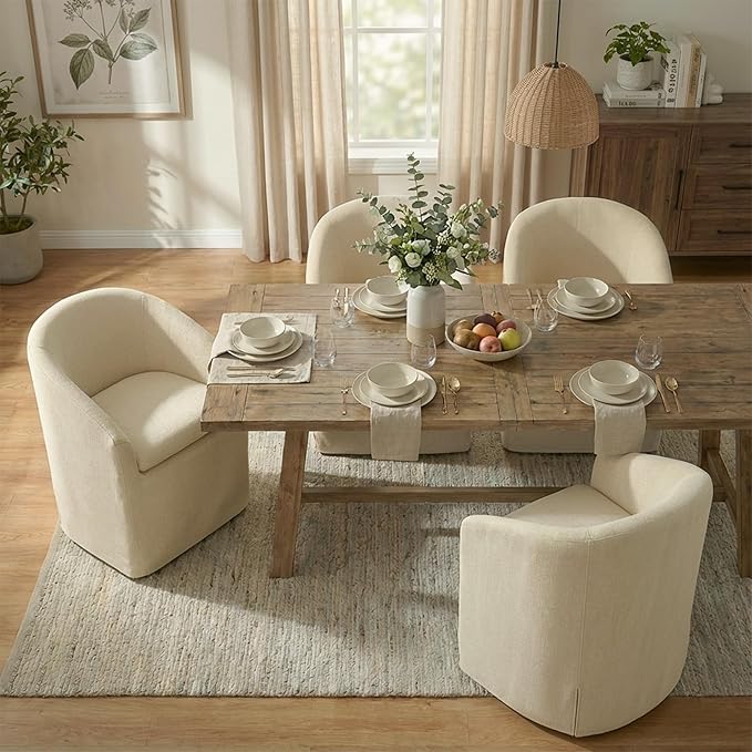KISLOT Upholstered Dining Chairs with Casters, Washable Cover Modern Dining Room Chairs with Barrel Backrest & Dual Armrest for Kitchen, Living Room, Bedroom, Sand Fabric, 4PCS