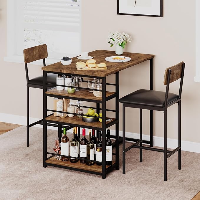 Dining Table Set for 2, 3-Piece Bar Table Set with 2 Stools, Space-Saving Counter Height Dining Set with 3-Tier Storage Shelves for Small Kitchens, Apartments, Breakfast Nooks