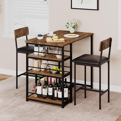 Dining Table Set for 2, 3-Piece Bar Table Set with 2 Stools, Space-Saving Counter Height Dining Set with 3-Tier Storage Shelves for Small Kitchens, Apartments, Breakfast Nooks