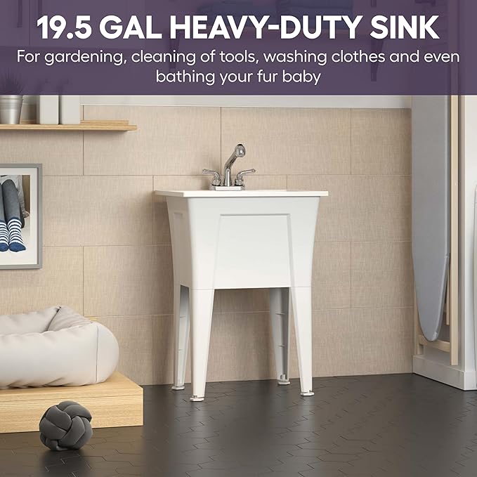 24” Utility Sinks for Laundry Room, Garage, Garden, Basement – Noah William Home Indoor and Outdoor Polypropylene Basement Wash Tub - No Faucet Included (White)