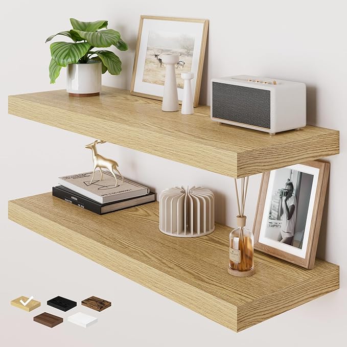 RICHFOCUS Deep Floating Shelves for Wall 2 Pack 12" D 36 Inch Wall Shelves for Room Wall|Wood Hanging Shelf with Invisible Brackets for Bathroom Bedroom Kitchen Laundry Room, Oak