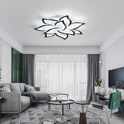 Garwarm Modern LED Ceiling Lights,Dimmable Flush Mount Ceiling Lamp Fixture, Black Petals Flower Shape Ceiling Light Chandelier Lighting for Bedroom Living Dining Room (72W, Black)