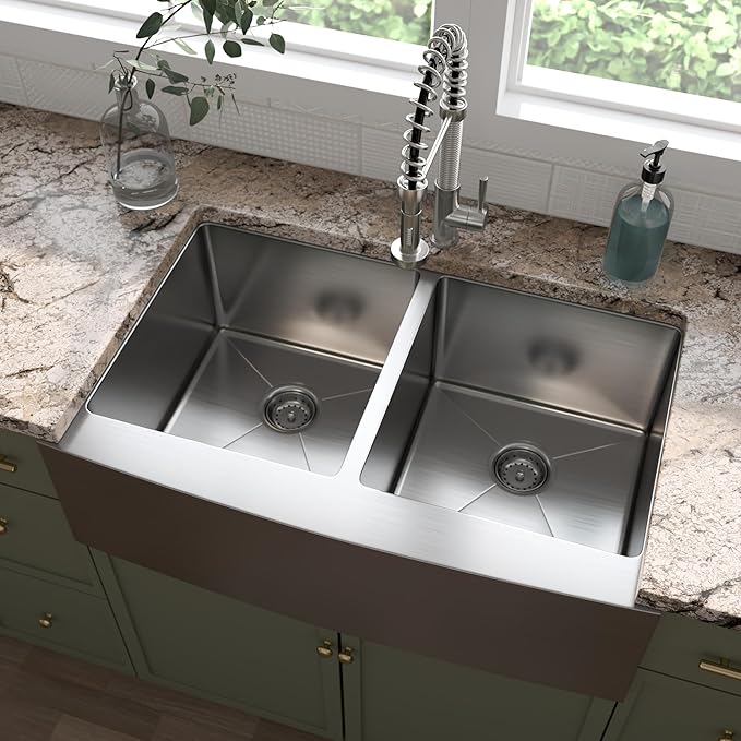 MSI 33 inch Undermount 50/50 Double Bowl Farmhouse Apron Stainless Steel Kitchen Sink and Strainer, 16 Gauge