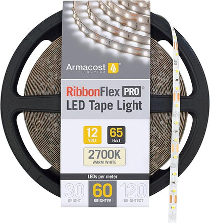 Armacost Lighting RibbonFlex Pro 12V White LED Strip Lights 60 LED/m, 2700K, 65.6 ft 132260