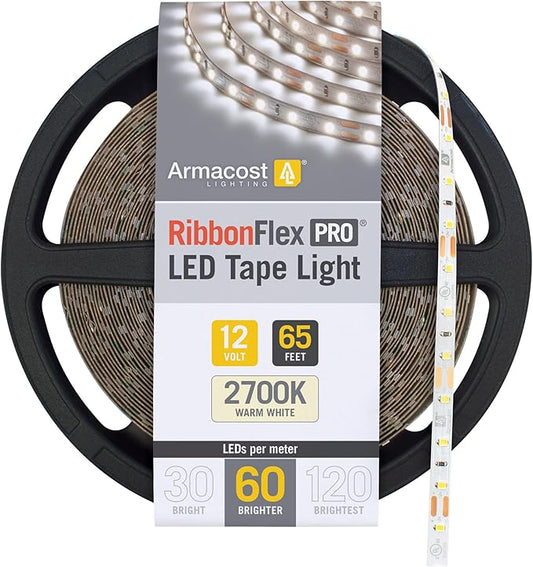 Armacost Lighting RibbonFlex Pro 12V White LED Strip Lights 60 LED/m, 2700K, 65.6 ft 132260