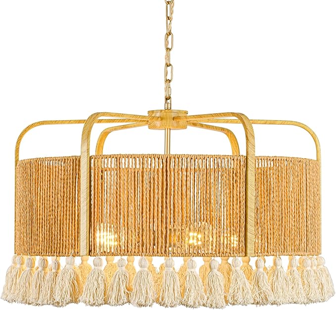 24” Rattan Chandelier, 5-Light Large Hand Woven Boho Chandelier with Fabric Shade, Farmhouse Light Fixtures for Dining Room & Kitchen Island (Brown, 24")