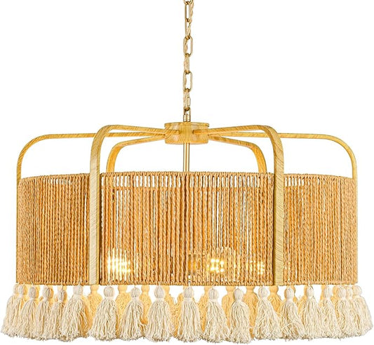 24” Rattan Chandelier, 5-Light Large Hand Woven Boho Chandelier with Fabric Shade, Farmhouse Light Fixtures for Dining Room & Kitchen Island (Brown, 24")
