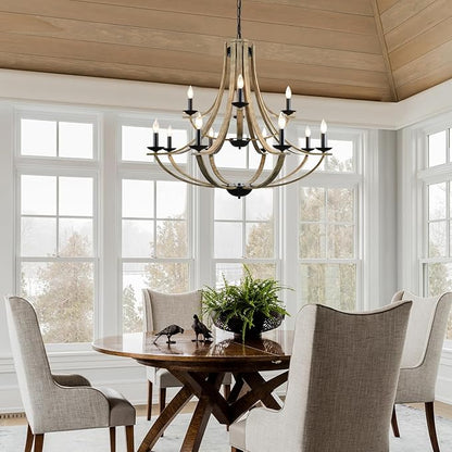 LAMPKEDUO Farmhouse Chandeliers for Dining Room Light Fixture, 2 Tier 12-Light 41" Adjustable Height Retro Faux Wood Texture Rustic Light Fixtures for Living Room Bedroom Kitchen Island Foyer Entryway