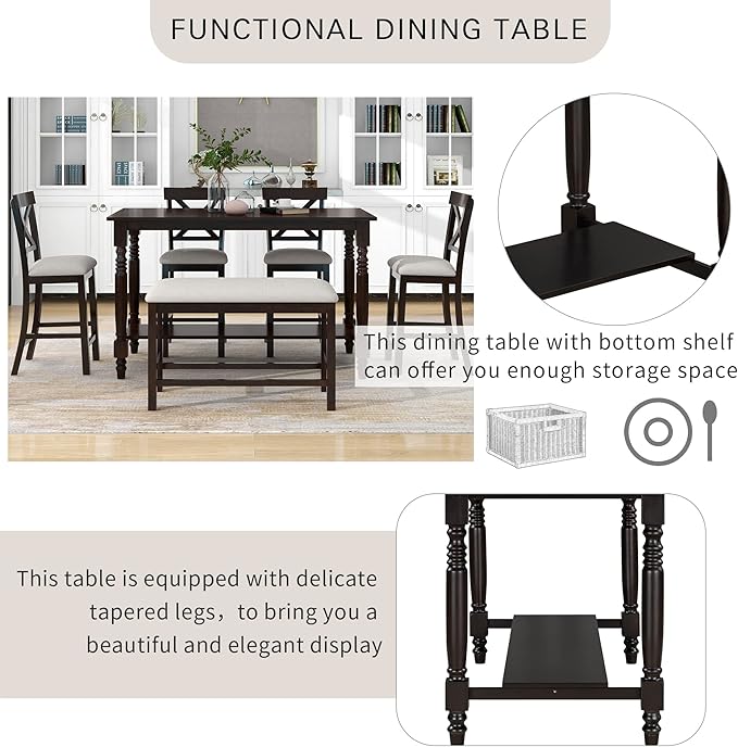 VilroCaz Modern Elegant 6-Piece Counter Height Kitchen Dining Table Set, Solid Wood 60'' Rectangle Table with Bottom Shelf, 4 Comfort Upholstered Chairs 1 Bench for Dining Room Restaurant (Espresso)