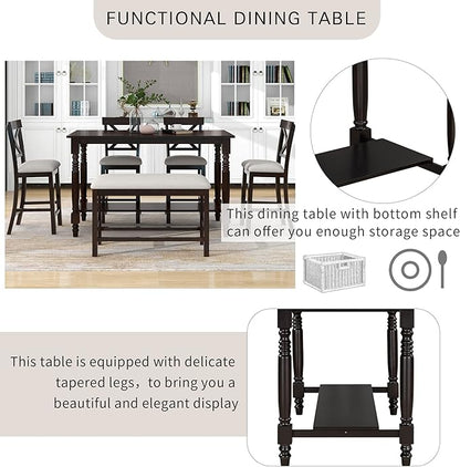 VilroCaz Modern Elegant 6-Piece Counter Height Kitchen Dining Table Set, Solid Wood 60'' Rectangle Table with Bottom Shelf, 4 Comfort Upholstered Chairs 1 Bench for Dining Room Restaurant (Espresso)