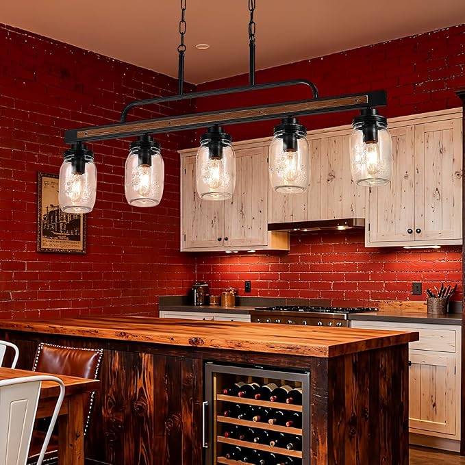 5-Light Rustic Farmhouse Dining Room Light, Black Mason Jar Chandelier Lighting Fixture for Kitchen Island, Dining Room, Cluster Hanging Pendant Light with Jar Glass Shade