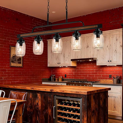 5-Light Rustic Farmhouse Dining Room Light, Black Mason Jar Chandelier Lighting Fixture for Kitchen Island, Dining Room, Cluster Hanging Pendant Light with Jar Glass Shade