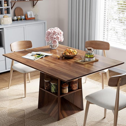 40"-54" Square Extendable Dining Table for 4/6/8, Modern Kitchen Table with Storage Shelf & Foot Support, Wood Dining Table for Living Room, Kitchen, Space Saving, Walnut