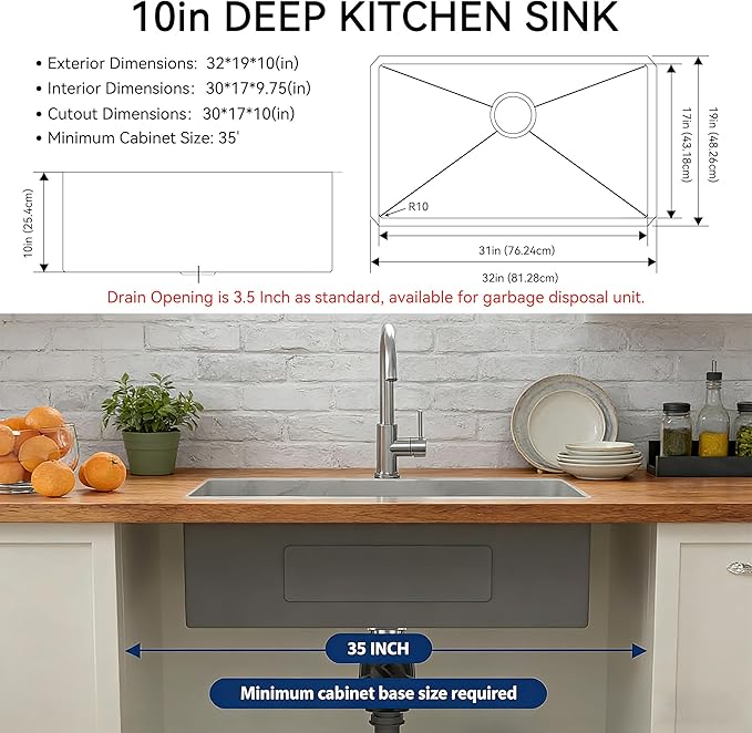 32x19x10 Inch Undermount Kitchen Sink, Top Mount SUS304 Stainless Steel 16 Gauge Single Bowl, with Brushed Finish hides scratches Handmade Drop in Workstation Prep Kitchen Sinks