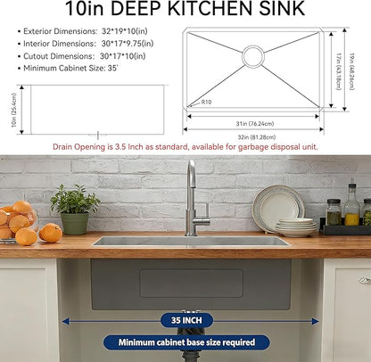 32x19x10 Inch Undermount Kitchen Sink, Top Mount SUS304 Stainless Steel 16 Gauge Single Bowl, with Brushed Finish hides scratches Handmade Drop in Workstation Prep Kitchen Sinks