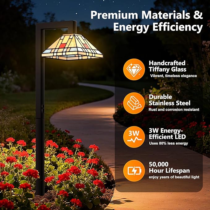 Low Voltage Landscape Lighting, 3W LED Pathway Lights with Handmade Tiffany Glass, 12V Waterproof Outdoor Lights for Garden, Yard, Walkway (2 Pack)