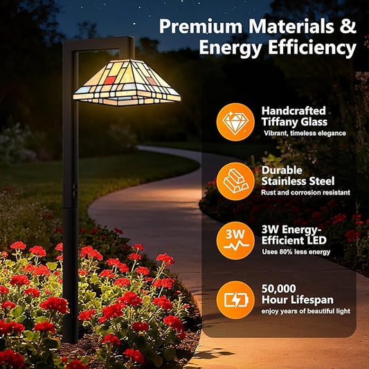 Low Voltage Landscape Lighting, 3W LED Pathway Lights with Handmade Tiffany Glass, 12V Waterproof Outdoor Lights for Garden, Yard, Walkway (2 Pack)