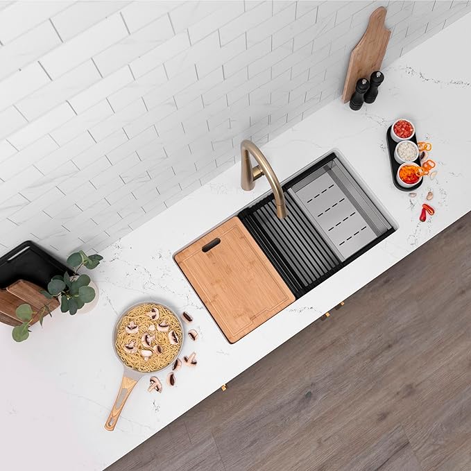 Stylish 28 x 18 Inch Composite Granite Workstation Kitchen Sink, Single Bowl Under Mount & Drop in, 9.5 in Deep, with Bamboo Cutting Board, Roll-Up Drying Rack, Colander & Strainer, White, S-828WH