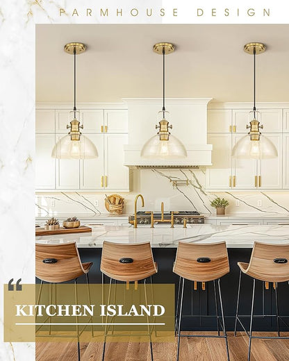Pendant Lights Kitchen Island, 10.5" Farmhouse Pendant Lighting with Clear Seeded Glass Shade, Vintage Hanging Light Fixtures for Dining Room, Brushed Gold, AD-22151-1PL-GD