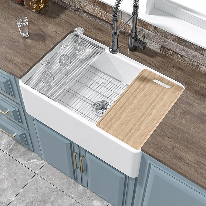 White Farmhouse Workstation Sink 30 x 20 Inch, Firecaly Apron Front Undermount Farm Kitchen Sink, Heavy Duty Deep Single Bowl, Reversible (Sleek & Fluted Optional), Pure White, for Kitchen