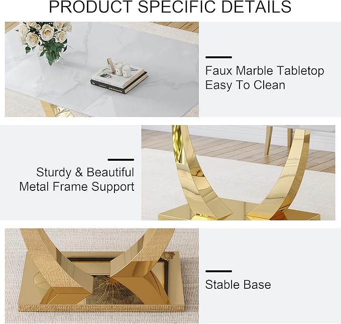 Faux Marble Dining Room Table, Modern Kitchen Table with Golden U-Shaped Base, 71" White Dining Table with Rectangular Glass Top for Dining Room and Kitchen