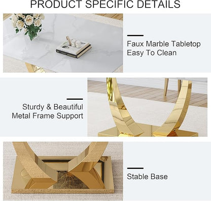 Faux Marble Dining Room Table, Modern Kitchen Table with Golden U-Shaped Base, 71" White Dining Table with Rectangular Glass Top for Dining Room and Kitchen